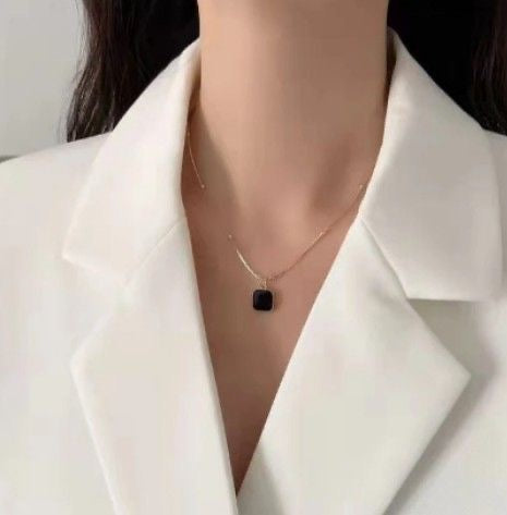 Gold Plated Beaded Chain Necklace with Black Square Pendant