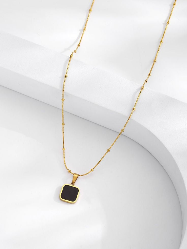 Gold Plated Beaded Chain Necklace with Black Square Pendant