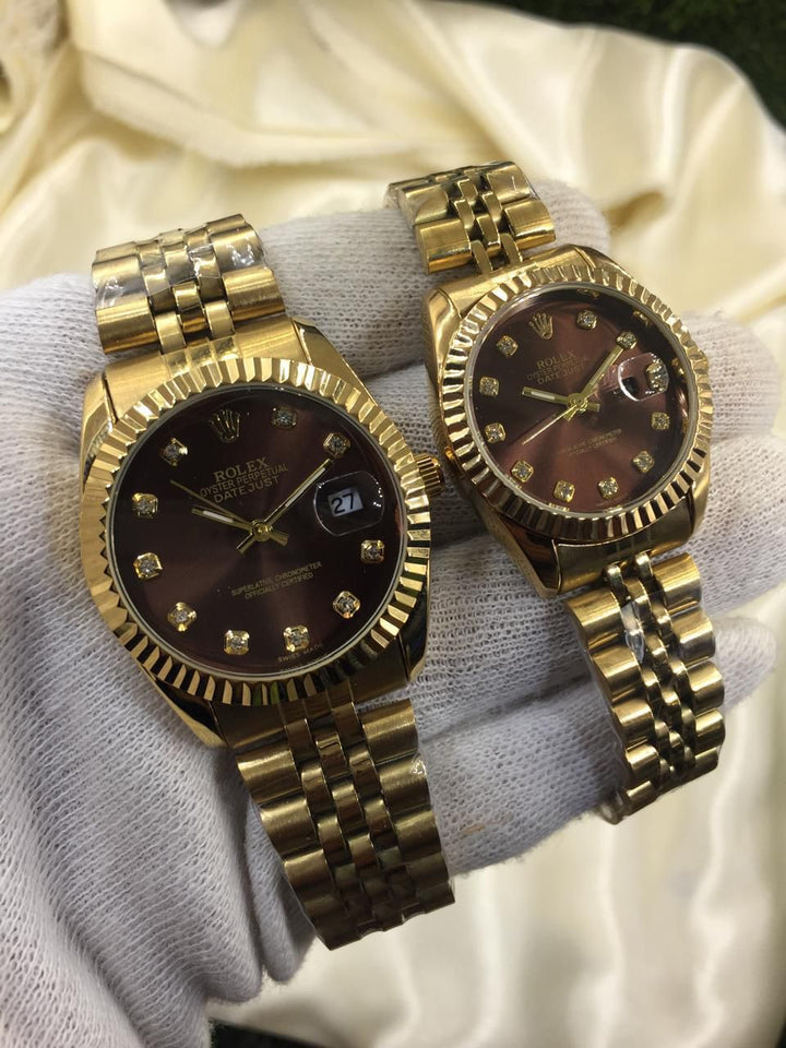 ROLEX GOLD PLATED COUPLE WATCHES (Brown)