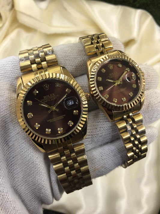 ROLEX GOLD PLATED COUPLE WATCHES (Brown)