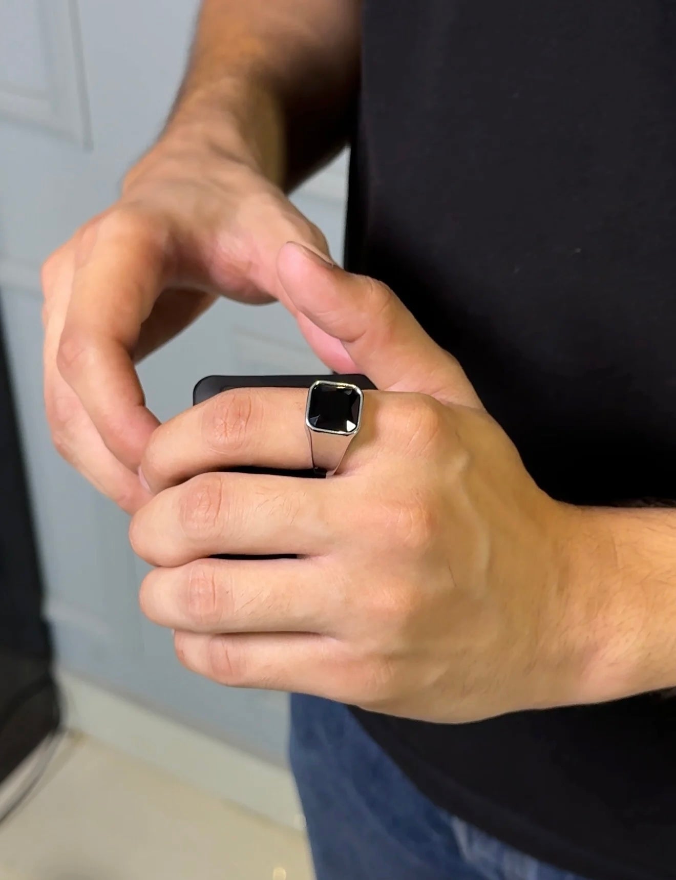 Silver plated square black onyx ring