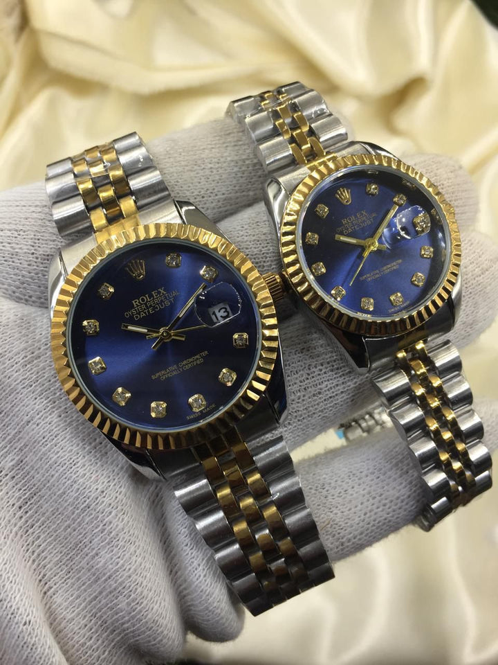 ROLEX GOLD PLATED DUAL SHADE COUPLE WATCHES (Blue)