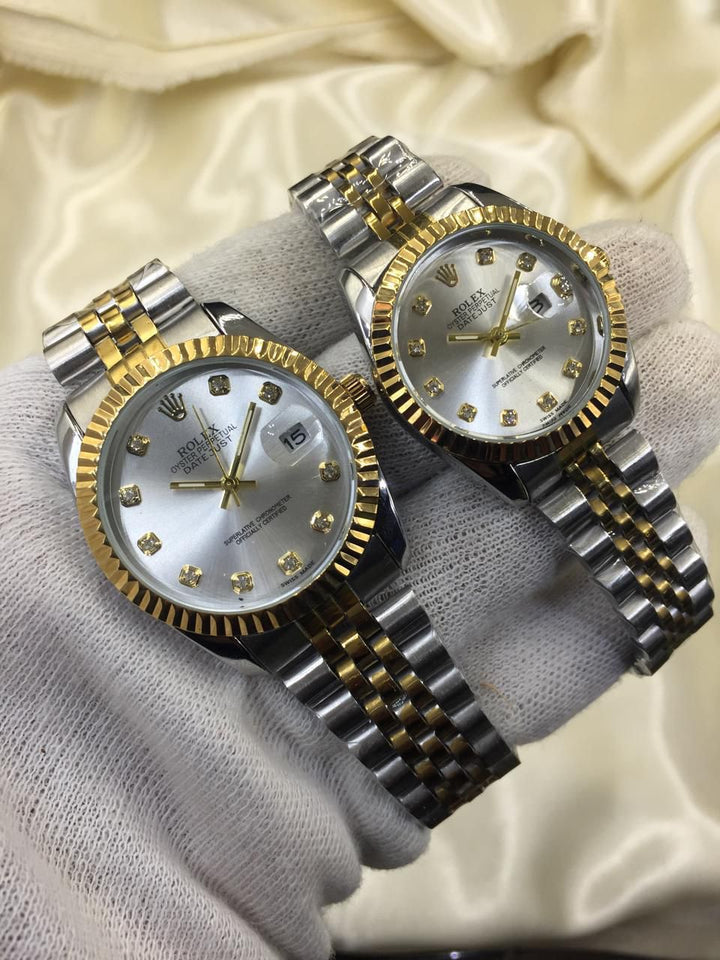 ROLEX GOLD PLATED DUAL SHADE COUPLE WATCHES (Sliver)