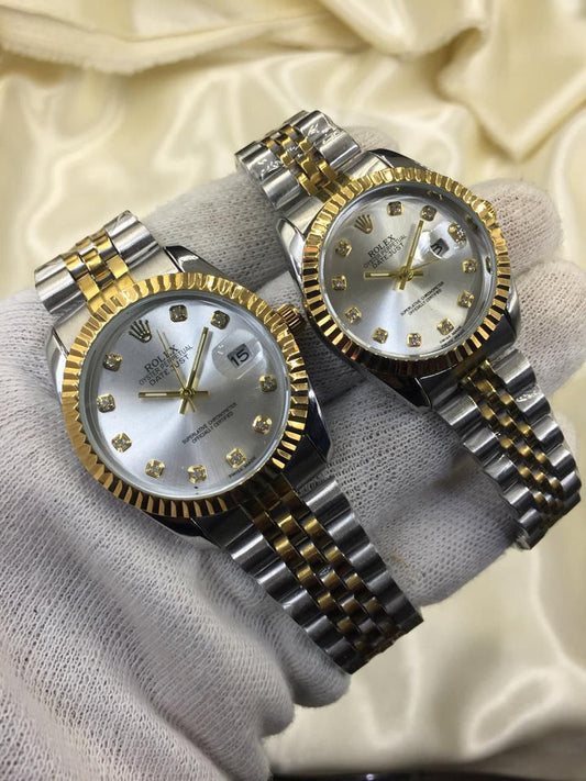 ROLEX GOLD PLATED DUAL SHADE COUPLE WATCHES (Sliver)