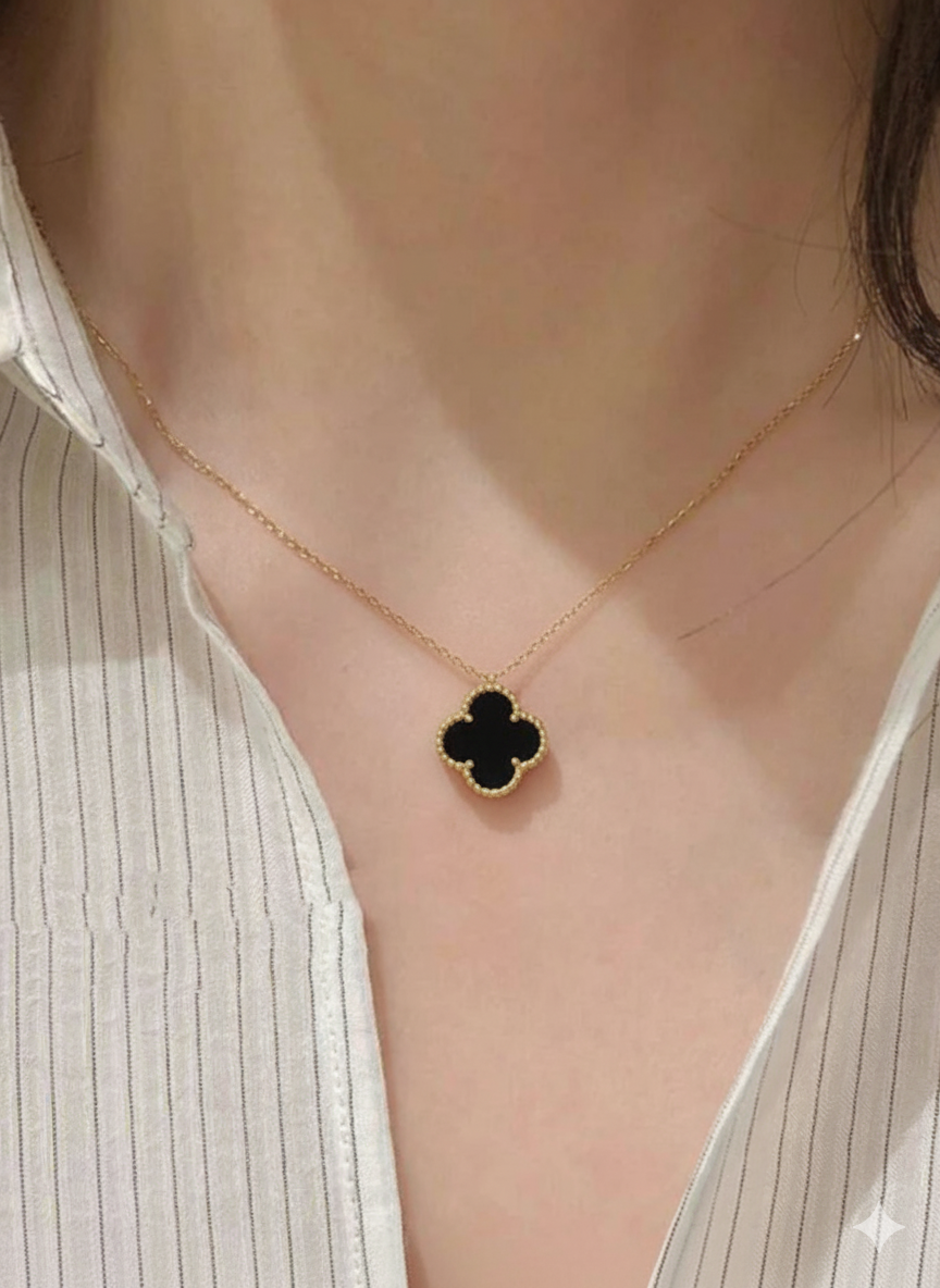 Four Leaf Clover Pendant With Ear Studs (Black) 2Pcs Set