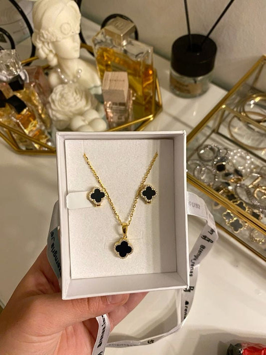 Four Leaf Clover Pendant With Ear Studs (Black) 2Pcs Set