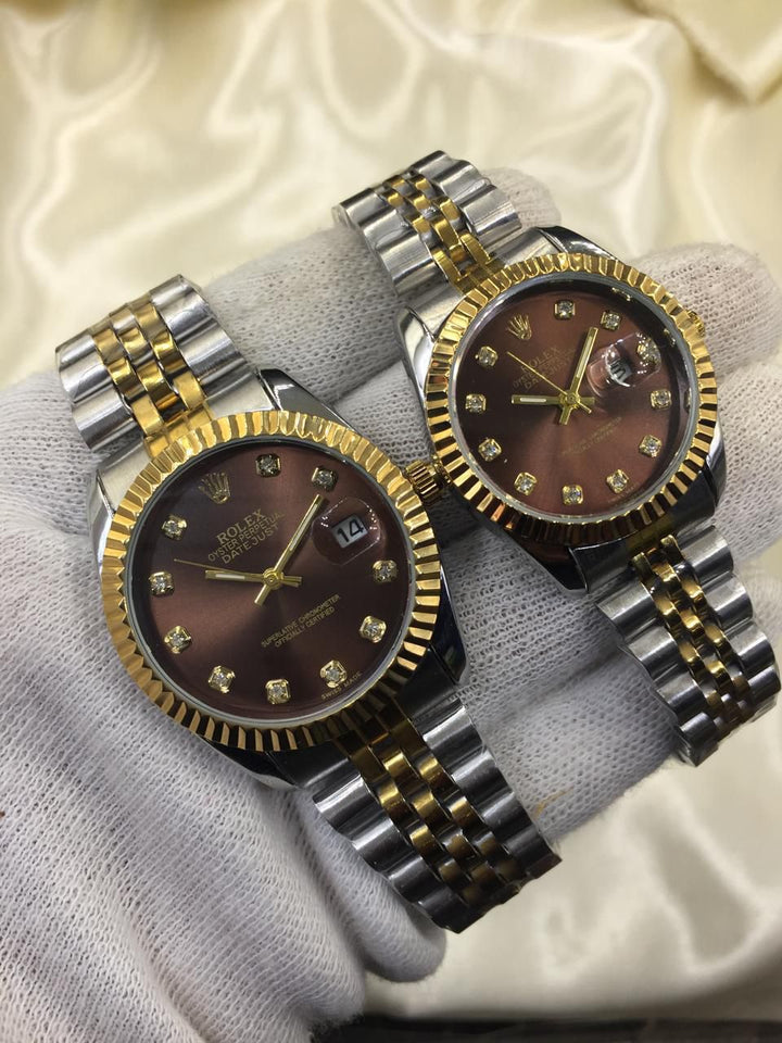 ROLEX GOLD PLATED DUAL SHADE COUPLE WATCHES (Brown)